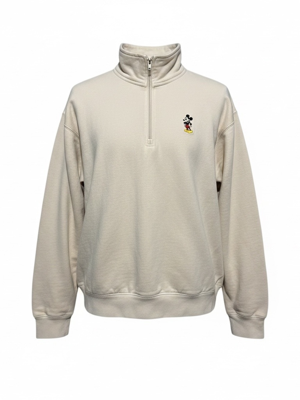 Disney Light Cream Quarter-Zip Sweater with Mickey Embroidery with Pockets.
